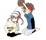  1girl blue_eyes brown_hair detached_hair double_bun gen_5_pokemon ikuryomaga kyouhei_(pokemon) long_hair mei_(pokemon) no_shoes pantyhose pokemon pokemon_(creature) pokemon_(game) pokemon_bw2 raglan_sleeves seiza shadow shorts sitting twintails vest visor_cap whimsicott 