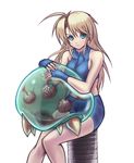  bare_shoulders blonde_hair blue_eyes crop_top fingerless_gloves gloves highres hybridmink long_hair md5_mismatch metroid metroid_(creature) metroid_fusion midriff samus_aran shorts sitting white_background 