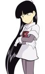  black_hair clothes_writing gloves highres long_hair natsume_(pokemon) non-web_source pantyhose pokemon pokemon_special skirt solo team_rocket very_long_hair yellow_eyes zagtul 