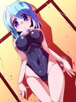  blue_eyes blue_hair blush breasts competition_swimsuit goggles large_breasts lying mahou_shoujo_madoka_magica miki_sayaka miuku_(marine_sapphire) one-piece_swimsuit short_hair solo swimsuit 