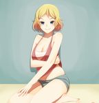  america_(hetalia) axis_powers_hetalia blonde_hair blue_eyes breasts cleavage genderswap genderswap_(mtf) grin hair_ornament hairclip halterneck kisaragi_n large_breasts looking_at_viewer short_shorts shorts smile solo tank_top 