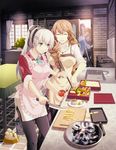  3girls apron blurry braid brown_hair cat cecile_neues character_request chopsticks cooking depth_of_field eiyuu_densetsu elie_macdowell enami_katsumi frying_pan green_neckwear grey_hair hair_over_shoulder half_updo kitchen lloyd_bannings lunchbox magnet multiple_boys multiple_girls non-web_source obentou official_art pantyhose randy_orlando rectangular_frying_pan scrambled_egg source_request tio_plato tomato yellow_eyes zero_no_kiseki 