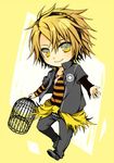  amnesia_(idea_factory) birdcage blonde_hair cage clothes_around_waist cocori diamond_(shape) full_body hairband jacket jewelry lowres male_focus necklace pants shirt_around_waist shoes smile solo toma_(amnesia) yellow_background yellow_eyes 