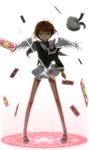  brown_hair card cardcaptor_sakura green_eyes hat hat_removed headwear_removed kinomoto_sakura long_sleeves looking_at_viewer magic_circle mary_janes messy_hair neckerchief pigeon-toed ryou_reiko sakura_card school_uniform serafuku serious shoes short_hair skirt socks solo standing sword sword_(clow_card) tomoeda_elementary_school_uniform weapon white_legwear wind wings 