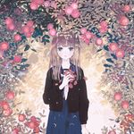  ascot blue_dress blue_eyes brown_hair cardigan dress expressionless felt flower holding leaf long_hair looking_at_viewer original petals pink_flower pink_rose rose rose_petals sailor_collar solo tears upper_body 