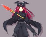  alternate_color alternate_hair_color black_gloves blazblue cape gloves hair_tubes hat hoshi_(ho4_no) long_hair red_eyes red_hair shirt short_sword simple_background solo sword taut_clothes taut_shirt tsubaki_yayoi weapon winged_hat 