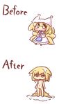  animal_ears before_and_after blonde_hair blush chibi dress fox_ears fox_tail hat maitora multiple_tails multiple_views nude open_mouth tail touhou wet yakumo_ran yellow_eyes 