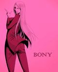  1girl back character_name color_background female formal jewelry_bonney lipstick long_hair makeup monochrome one_piece over_shoulder pants piercing pink pink_background pink_hair solo standing suit text wink 