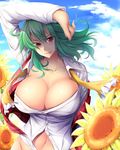  ahoge arm_up blue_sky breasts bursting_breasts cleavage cloud day flower fuyuwa_kotatsu green_hair huge_breasts jpeg_artifacts kazami_yuuka navel no_bra open_clothes open_shirt red_eyes shirt short_hair sky smile solo sunflower tongue tongue_out touhou upper_body vest 