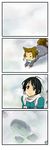  akiyama_mio animal_ears black_hair comic headband highres image_sample k-on! long_hair md5_mismatch multiple_girls pixiv_sample scarf smile snow suan_ringo tail tainaka_ritsu 