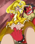  1girl akaooni blonde_hair blush breasts censored cure_peace fingering from_below gold_eyes highres kise_yayoi long_hair male_hand medium_breasts monster precure pussy smile_precure! torn_clothes yellow_eyes 