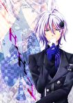  amnesia_(idea_factory) blue_eyes card formal gloves green_eyes hair_ornament hairpin ikki_(amnesia) male_focus necktie playing_card shizuku_(kuruizakura) solo spade_(shape) spade_hair_ornament suit white_hair zoom_layer 