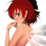  1girl alternate_color alternate_hair_color blush bow cirno dark_persona hair_bow kazesayuru looking_at_viewer lowres m.u.g.e.n nail_polish nude number red_eyes red_hair shiny shiny_skin short_hair simple_background solo symbol-shaped_pupils touhou upper_body wings 