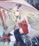  animal_ears bad_id bad_pixiv_id bare_shoulders bell black_legwear blonde_hair crossed_legs detached_sleeves fox_ears fox_tail hakama_skirt japanese_clothes long_hair multiple_tails oriental_umbrella original pinwheel rain rock sitting sitting_on_rock solo tail taka_(tsmix) thighhighs umbrella wet 