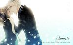  1girl amnesia_(idea_factory) brown_hair closed_eyes coat copyright_name couple gloves heroine_(amnesia) hetero ikki_(amnesia) imminent_kiss kira_(pichica) letterboxed short_hair white_background white_hair 