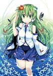  bare_legs bare_shoulders breasts bug butterfly detached_sleeves flower frog_hair_ornament green_eyes green_hair hair_ornament insect kochiya_sanae long_hair maturiuta_sorato medium_breasts navel smile snake solo touhou 