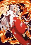  bad_id bad_pixiv_id chorin fire fujiwara_no_mokou highres open_mouth outstretched_hand pants solo touhou 