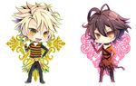  ahoge amnesia_(idea_factory) black_hair blonde_hair chibi choker clothes_around_waist full_body male_focus megumi_(redpapaver) messy_hair multiple_boys pants red_eyes shin_(amnesia) shirt shirt_around_waist smile spiked_hair toma_(amnesia) transparent_background yellow_eyes 