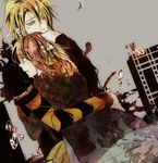  1girl 2k25 amnesia_(idea_factory) blonde_hair brown_hair chin_rest coat comforting couple grey_background hand_on_head head_rest heroine_(amnesia) hetero hug short_hair tears toma_(amnesia) yellow_eyes 