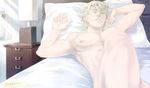  bad_id bad_pixiv_id bed blonde_hair blue_eyes blurry depth_of_field keith_goodman lamp male_focus morning nude on_bed pillow solo tiger_&amp;_bunny tsuzuki_(matchbox) 