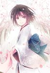  black_eyes black_hair cherry_blossoms hosikurage japanese_clothes kara_no_kyoukai kimono looking_at_viewer obi outstretched_hand petals ryougi_shiki sash short_hair smile solo 