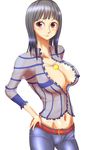  1girl areola_slip areolae bangs black_hair breasts cleavage denim female highres jeans jewelry midriff necklace nico_robin one_piece one_piece:_strong_world pants pixiv_manga_sample purple_eyes rasen_kyuuri resized simple_background solo standing white_background 