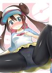  black_legwear blue_eyes blush brown_hair crotch gusset long_hair mei_(pokemon) mocchi panties panties_under_pantyhose pantyhose pokemon pokemon_(game) pokemon_bw2 raglan_sleeves skirt solo spread_legs twintails underwear visor_cap 