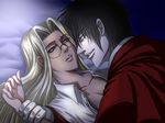  1boy 1girl alucard_(hellsing) artist_request bed black_hair blonde_hair blue_eyes coat glasses gloves integra_hellsing looking_at_another lying no_bra on_back on_bed open_clothes open_shirt overcoat pale_skin parted_lips pixiv_thumbnail raite red_coat red_eyes resized shirt vampire white_gloves wrist_grab 