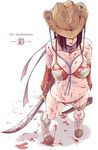  1girl bikini blood blood_stain boots cowboy_hat female hat hat_over_eyes katana lowres onechanbara oneechanbara sheath solo stampede_string standing swimsuit sword weapon 