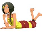  aquarion_(series) aquarion_evol bare_shoulders barefoot birii braid brown_eyes dark_skin finger_to_mouth green_hair hair_ornament legs_up lying on_stomach sazanka_bianca simple_background smile solo twin_braids white_background 