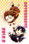  2boys alvin_(tales) bad_id bad_pixiv_id bberry black_hair blush boots brown_eyes brown_hair chibi coat cravat gloves jude_mathis male_focus multiple_boys no_nose pants polka_dot polka_dot_background tales_of_(series) tales_of_xillia yellow_background yellow_eyes 