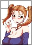  bare_shoulders blush breasts cleavage dragon_quest dragon_quest_viii jessica_albert jewelry large_breasts looking_at_viewer necklace open_mouth orange_eyes orange_hair purple_shirt shirt solo st.germain-sal twintails 