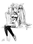  bardiche blush bow breasts cape covered_nipples fate_testarossa gauntlets greyscale hair_bow large_breasts long_hair lyrical_nanoha mahou_shoujo_lyrical_nanoha monochrome nanjou_asuka sitting smile solo sword thighhighs twintails weapon 