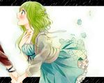  bad_id bad_pixiv_id bangs blue_dress blush bracelet braid commentary_request cropped_jacket dress frills green_eyes green_hair gumi hair_ornament hand_on_own_chest highres holding_hands jewelry letterboxed nail_polish nemutagari open_mouth profile puzzle_piece short_hair vocaloid wavy_hair white_background 