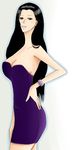  1girl arm armpits arms bare_shoulders black_hair bracelet breasts brown_eyes cleavage dress earrings female hand_on_hip hips jewelry lips long_hair long_image nico_robin one_piece purple_dress smile solo strapless strapless_dress tall_image 