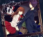  1girl bad_id bad_pixiv_id brown_hair coat flower garry_(ib) hair_over_one_eye holding_hands ib ib_(ib) long_hair painting_(object) petals picture_frame purple_hair red_eyes rose short_hair strsouko 