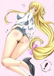  &gt;_&lt; 1girl ass blonde_hair blush bow breasts closed_eyes colorized covered_nipples fate_testarossa grey_background hair_bow high_heels hoshino_sora large_breasts legs long_hair looking_at_viewer looking_back low-tied_long_hair lyrical_nanoha mahou_shoujo_lyrical_nanoha_strikers panties red_eyes shoes simple_background solo thong underwear 