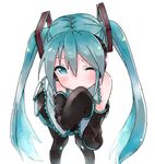  aqua_eyes aqua_hair bad_id bad_pixiv_id bare_shoulders black_legwear black_skirt blush covering_mouth detached_sleeves foreshortening from_above hair_between_eyes hair_ornament hand_on_own_knee hand_over_own_mouth hatsune_miku kirisawa_saki leaning_forward light_smile long_hair long_ponytail looking_at_viewer looking_up one_eye_closed pantyhose pleated_skirt scrunchie simple_background skirt skirt_set sleeves_past_wrists smile solo standing twintails very_long_hair vocaloid white_background wing_collar 