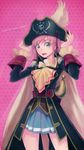  belt blue_eyes bow cape copyright_name cravat epaulettes hair_ornament hairclip hanji_(hansi) hat hat_feather katou_marika long_hair miniskirt_pirates open_mouth pink_hair pirate pirate_hat saber_(weapon) skirt skull_and_crossbones solo sword weapon 