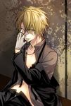  amnesia_(idea_factory) bad_id bad_pixiv_id blonde_hair gloves hand_over_face jacket jewelry key male_focus necklace open_clothes pants sitting solo toma_(amnesia) yamika yellow_eyes 