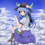  bad_id bad_pixiv_id blue_hair blush boots cloud crossed_legs cup day food from_behind fruit hat highres hinanawi_tenshi konoshita_kiyomasa long_hair looking_at_viewer looking_back peach red_eyes sitting sky smile solo teacup touhou 