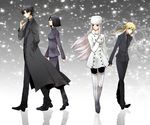  3girls ahoge artoria_pendragon_(all) bad_id bad_pixiv_id black_eyes black_hair black_legwear blonde_hair boots cigarette emiya_kiritsugu facial_hair fate/zero fate_(series) formal fur_hat green_eyes hat highres hisau_maiya holding_hands hotateko irisviel_von_einzbern long_coat long_hair multiple_girls pant_suit pantyhose ponytail red_eyes saber snow stubble suit thigh_boots thighhighs white_hair 