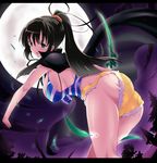  ass bent_over black_hair breasts cape covered_nipples cutoffs feathers full_moon green_eyes ishizu_kayu kore_wa_zombie_desu_ka? large_breasts leaf letterboxed long_hair looking_back moon ponytail seraphim_(kore_wa_zombie_desu_ka?) shirt short_shorts shorts sideboob striped striped_shirt torn_clothes 