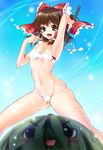  armpits bow breasts brown_eyes brown_hair fangs food fruit gohei hair_bow hair_tubes hakurei_reimu panties sarashi short_hair skindentation small_breasts solo spanking_momoko touhou underwear watermelon yukkuri_shiteitte_ne 