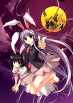  animal_ears bare_legs barefoot black_hair blush_stickers bunny bunny_ears colorized dress finger_gun full_moon hammer inaba_tewi jacket long_hair mallet mochitsuki moon moon_rabbit multiple_girls necktie purple_hair red_eyes red_neckwear reisen_udongein_inaba sato-pon shirt short_hair silhouette skirt sky tateha_(marvelous_grace) touhou very_long_hair white_dress yellow_moon 