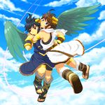  2boys angel bike_shorts black_hair blue_eyes brown_hair dark_pit hug kid_icarus kid_icarus_uprising looking_at_viewer looking_back multiple_boys nintendo no_humans pit pit_(kid_icarus) red_eyes sandals short_hair sky toes tunic wings wreath 