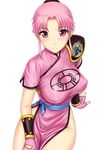  blush bracer breasts dragon_quest dragon_quest_dai_no_daibouken fingerless_gloves gloves large_breasts looking_at_viewer maam pink_eyes pink_hair ponytail solo st.germain-sal white_background 