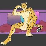  2018 absurd_res animal_genitalia anthro balls bambii_dog big_balls cheetah feline hi_res jasiri looking_at_viewer male mammal nipples nude pillow sheath solo 