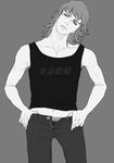  bad_id bad_pixiv_id barnaby_brooks_jr blue_eyes collarbone eyelashes greyscale highres kamiya_(mouri) male_focus monochrome simple_background solo spot_color tank_top tiger_&amp;_bunny translated 