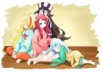  4girls ahoge biting black_hair blonde_hair blue_eyes blue_hair blush bow eyes_closed feet hair_down hair_over_one_eye half-closed_eyes hands_on_another&#039;s_head happy hat highres hoshikawa_lily indoors lap_pillow long_hair long_sleeves lying minamoto_sakura multicolored_hair multiple_girls nikaidou_saki open_mouth oversized_clothes pajamas pants petting polka_dot polka_dot_bow red_hair shirt sitting skirt sleeping smile socks streaked_hair striped striped_hat striped_shirt very_long_hair yamada_tae zombie_land_saga 